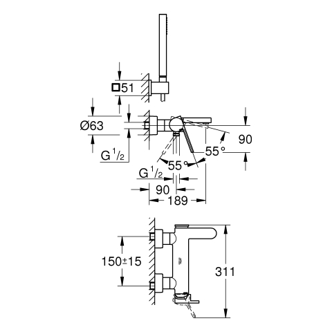 GROHE EH-Wannenbatterie Plus 33547_3 Wandmontage mit Brausegarnitur chrom