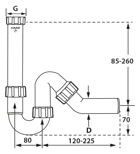 HAAS PP-Spülensiphon1 1/2 mit 45 Ablaufbogen, DN 40, weiss nach DIN