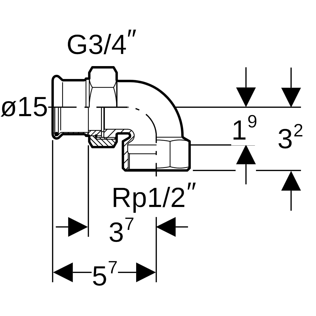 Geberit Mapress Kupfer Übergangswinkel Verschraubung 90Gr mit IG Rg d15-Rp1/2