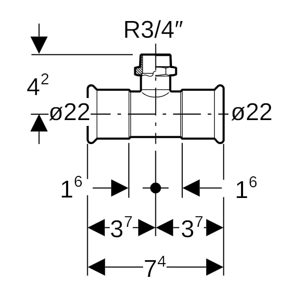 Geberit Mapress Edelstahl T-Stück mit AG (LABS-frei) d22-R3/4-22
