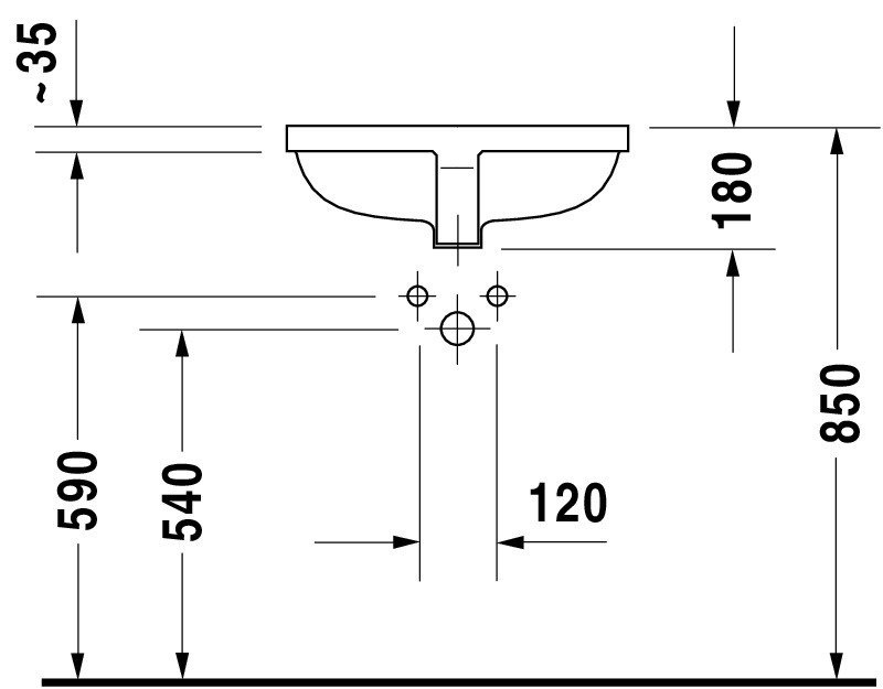 DU Einbauwaschtisch Starck 3 490 mm EB v.unten, mit ÜL, ohne HLB, weiß
