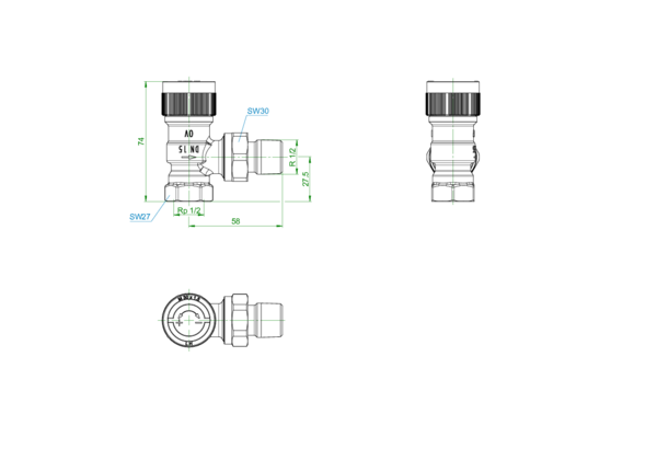 OVENTROP-Thermostatventil "AQH" DN15, Eck