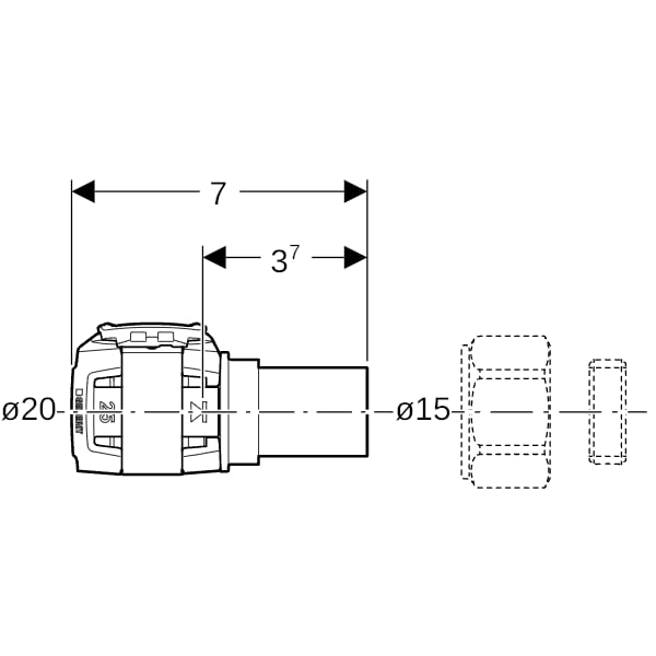 Geberit FlowFit Übergang auf Kupferrohr Klemmringverschraubung, SiBr/Cu, d20