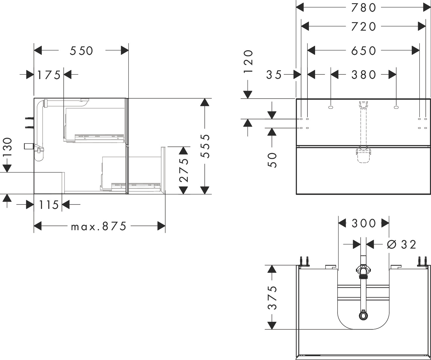 Hansgrohe Waschtischunterschrank Xevolos E MW 780/550mm mit 2 SK f.Kons.m.WT ge Wme
