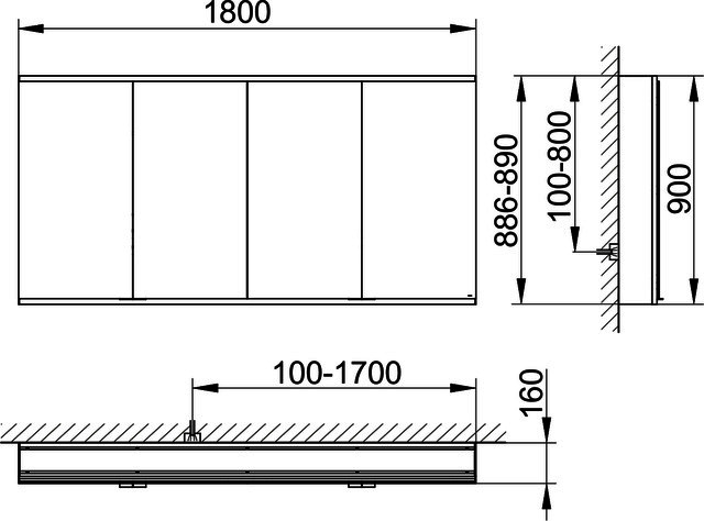 KEUCO Royal Modular 2.0 SPS, bel. 80041, Vorb,4Steckd,sb-elox,1800x900x160mm