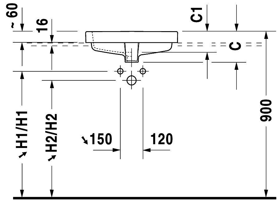 DU Einbauwaschtisch Vero 550 mm EB v.oben, m.ÜL, m.HLB, 1 HL, weiß WG