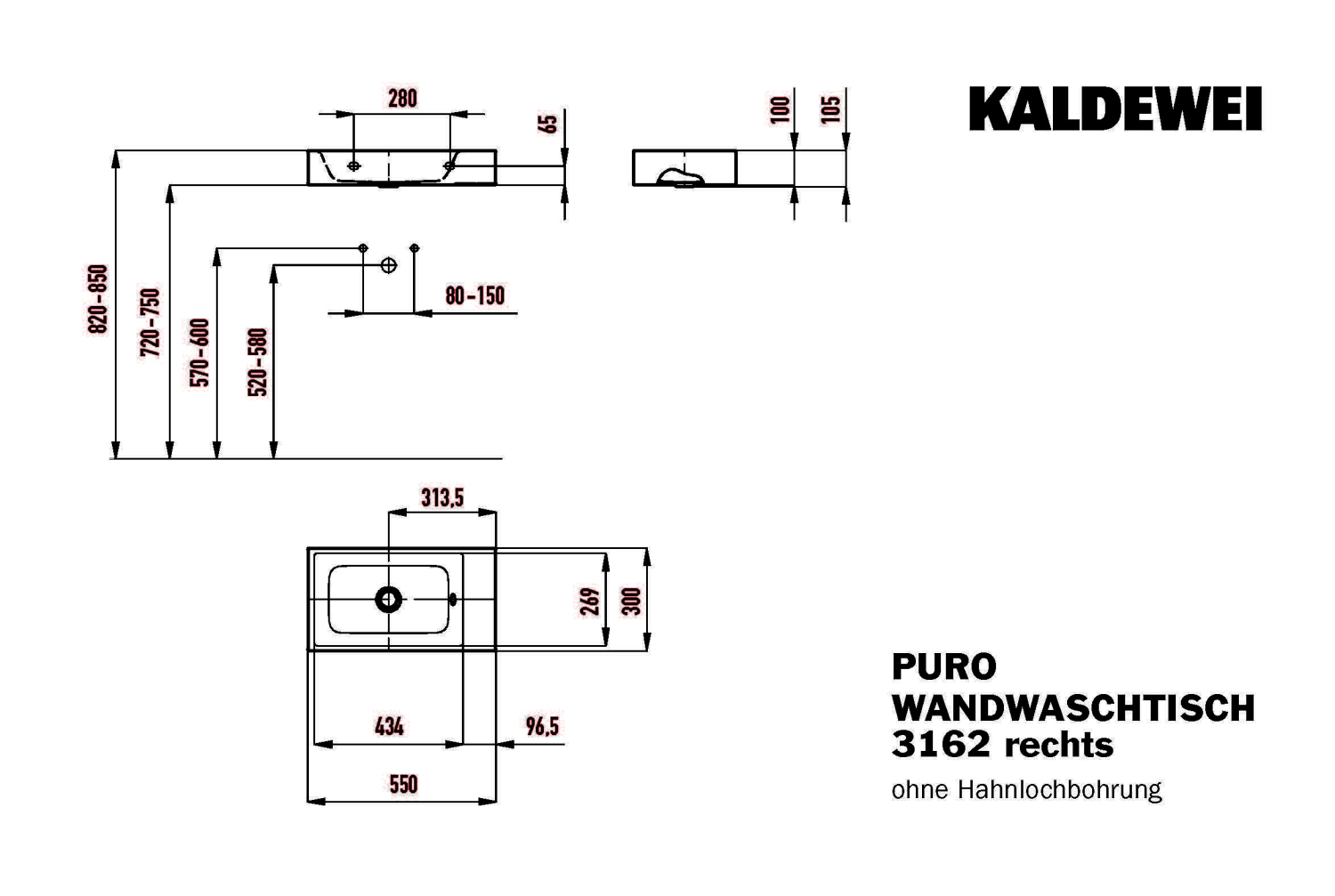 KA WB PURO WAND-HANDWASCHTISCH Mod.3162, 550x300mm,pergamon,links,PEFF,AD,oÜL