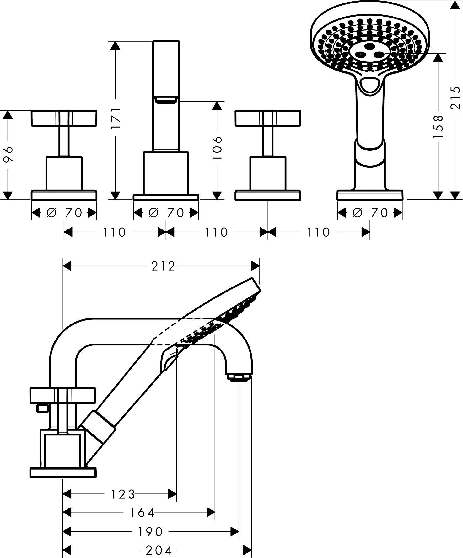 Hansgrohe 4-L.Wannenarmatur Axor Citterio F-Set f.Wannenrand BGO m.Kreuzgriff