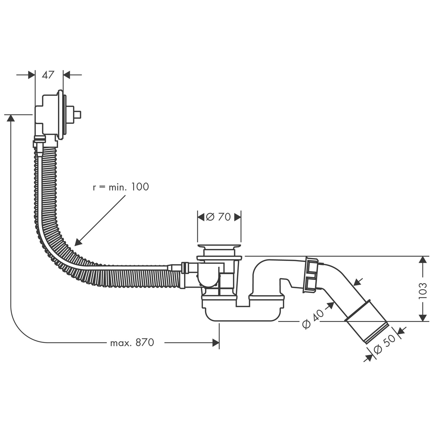 Hansgrohe Wannenab-u.Überlaufgarnitur Flexaplus Grundset m.flex.Überlaufschlauch Sonderw