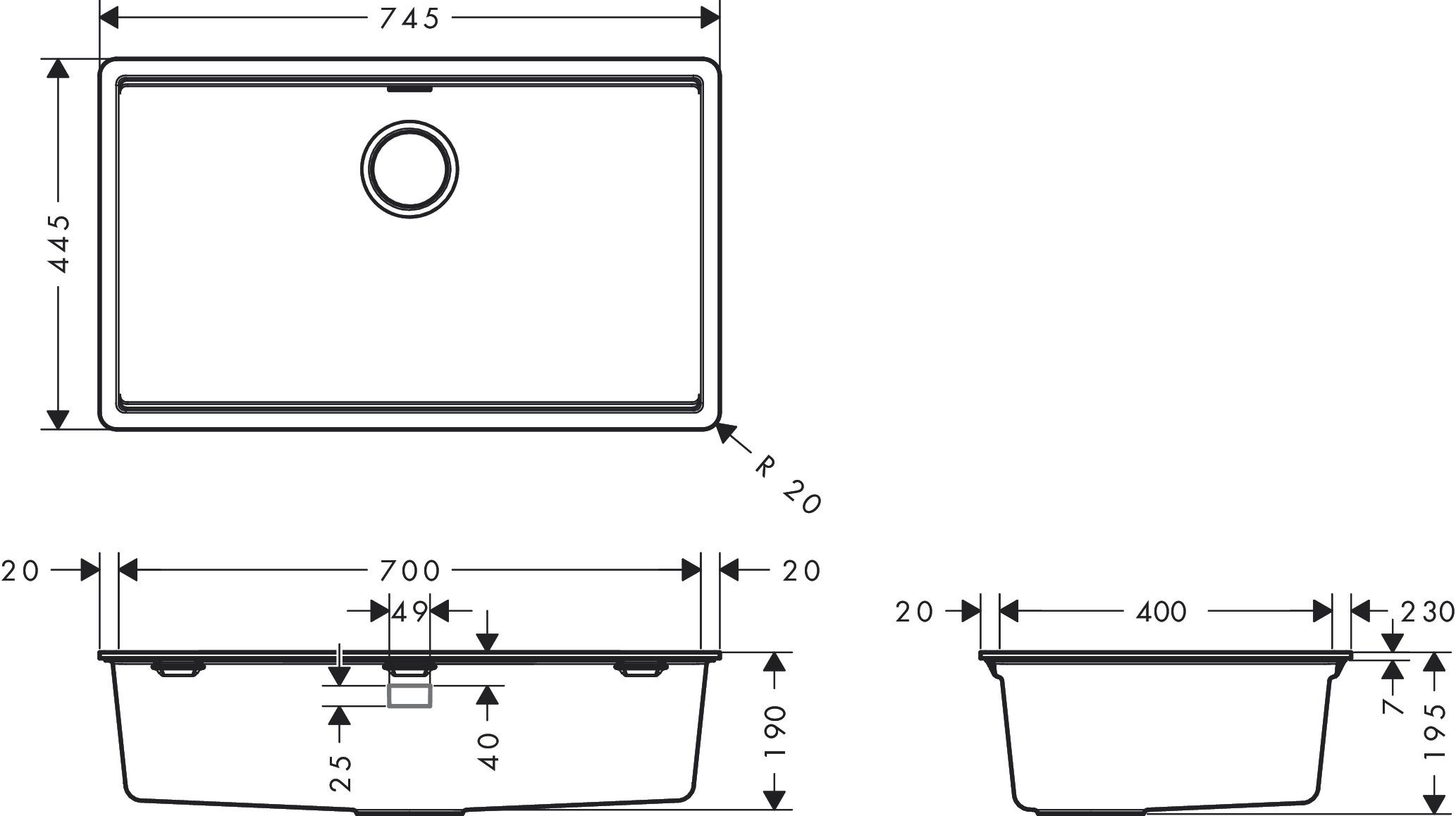 Hansgrohe Einbauspüle S530-F700  manuelle Ablaufgarnitur graphitschwarz