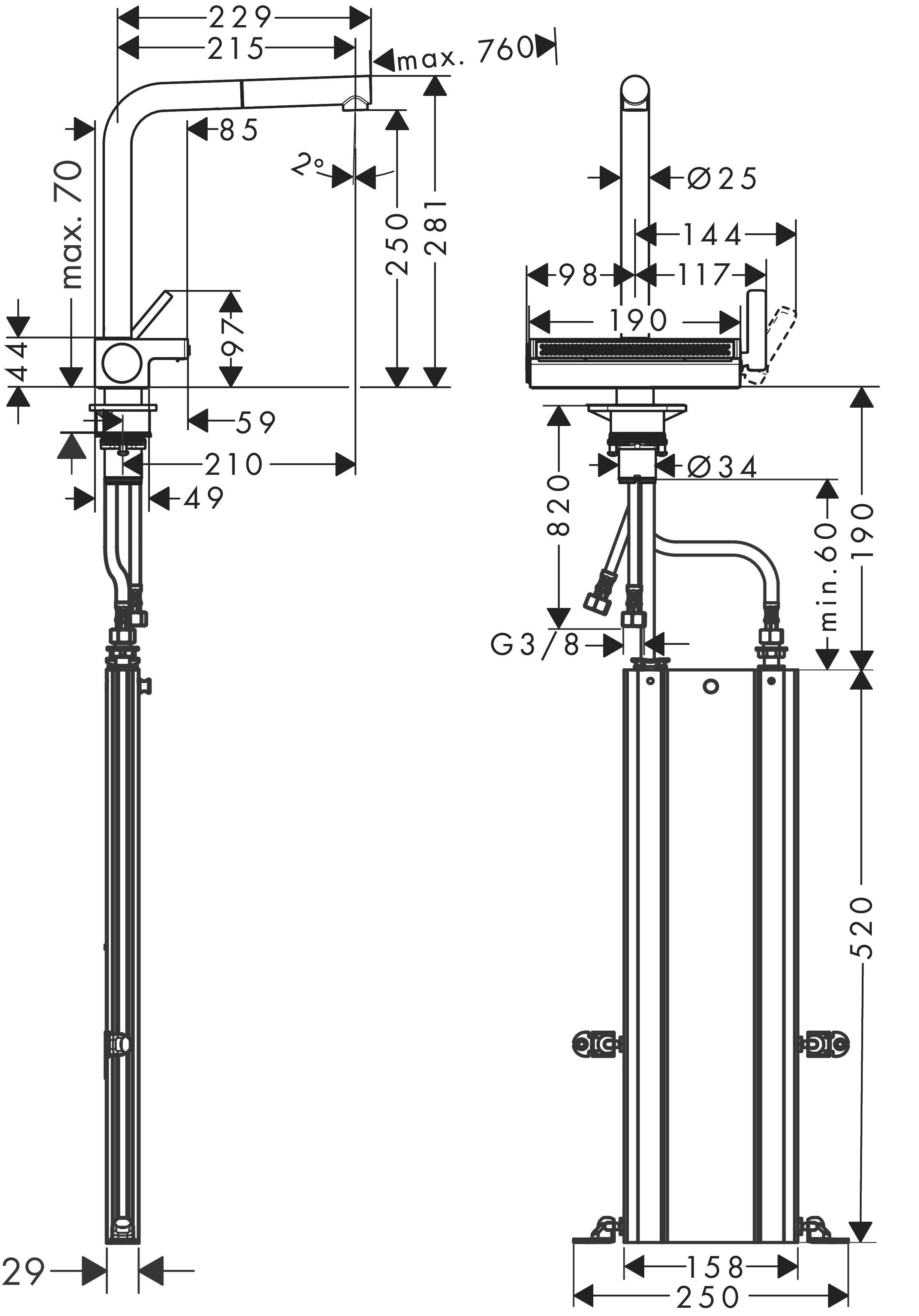 Hansgrohe Spültischmischer 250 Aquno Select M81 Ausziehauslauf 2jet sBox chrom