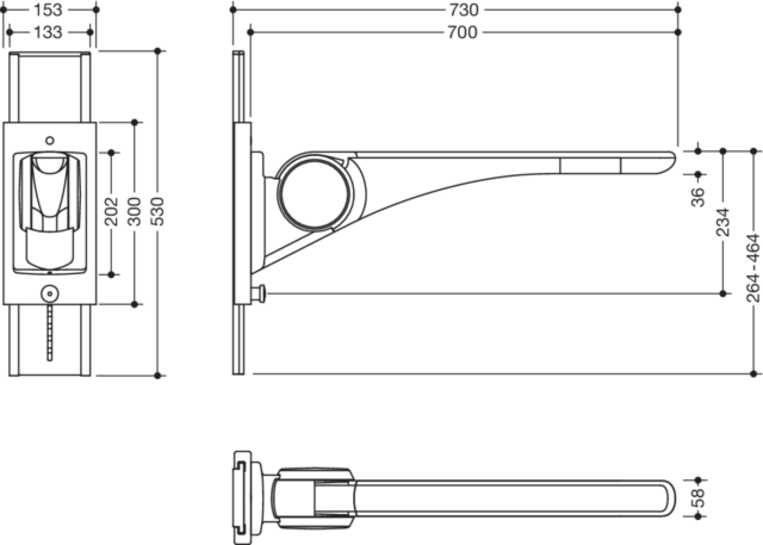 HEWI Stützklappgriff Basic,700 mm mit Höhenverstellung weiß hgl.- weiß mt