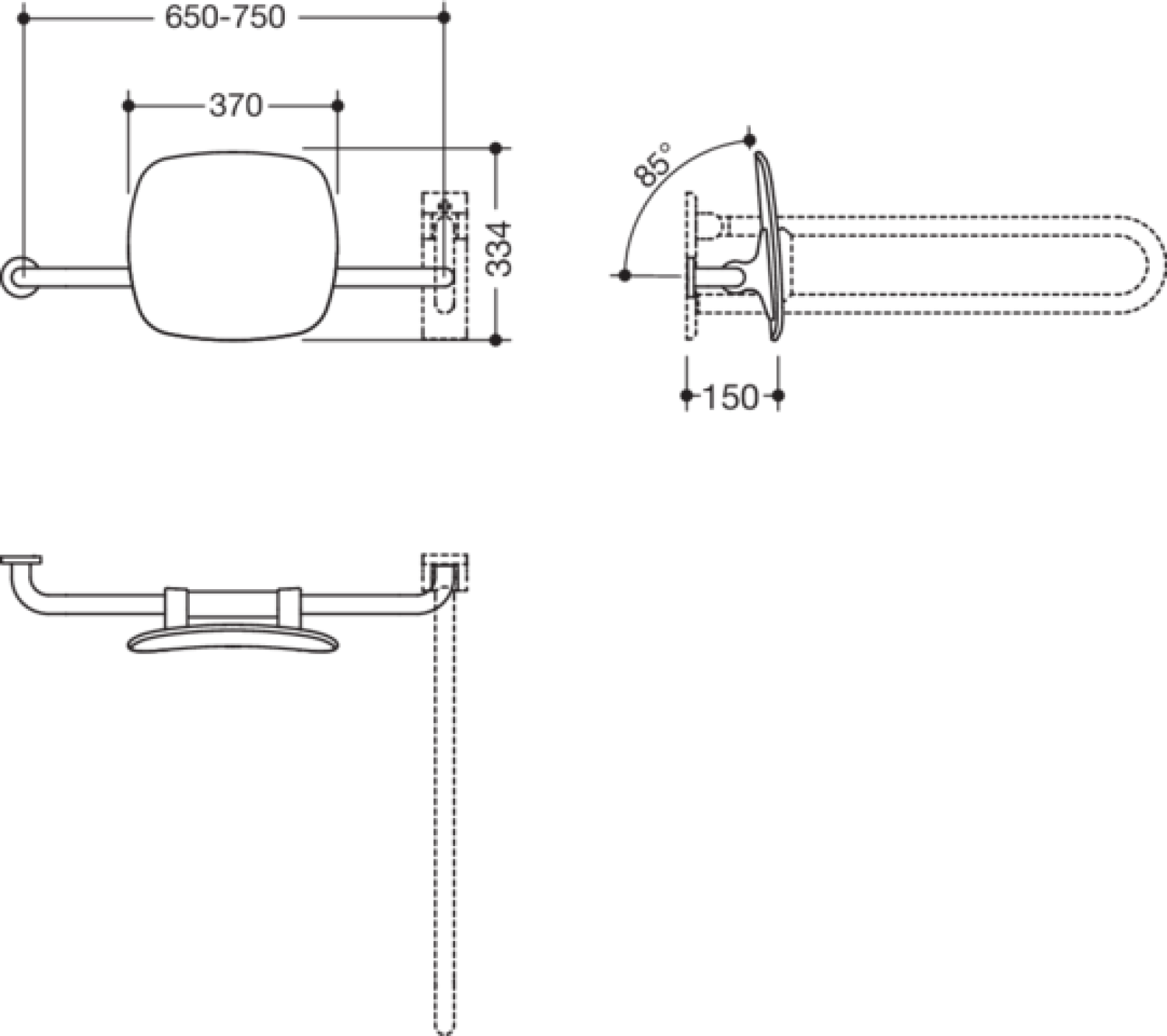 HEWI Rückenstütze Fb 90, WA 150mm, links zur Befest.an Wand-/SK-Griff reinweiß