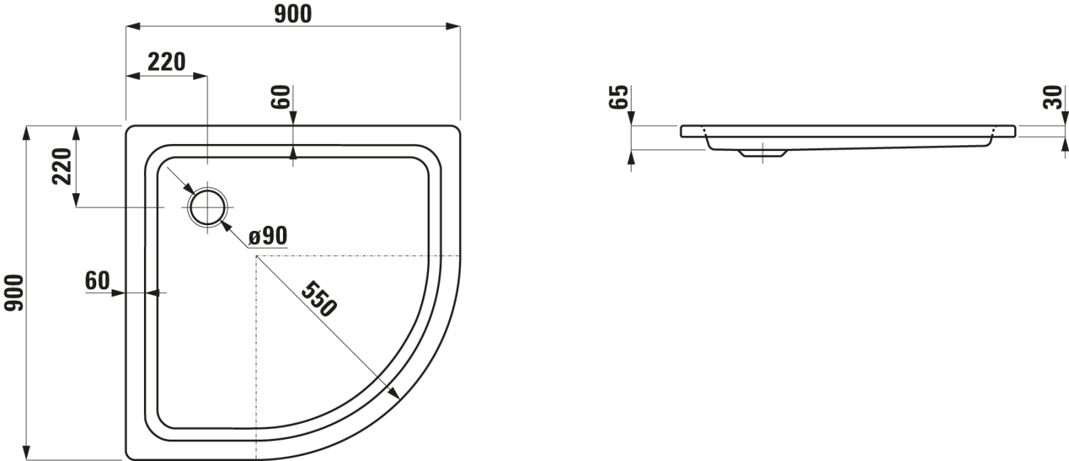 LF DW PLATINA 900x900x65 Stahl Abl. VK seitl. inkl.Schallschutz we