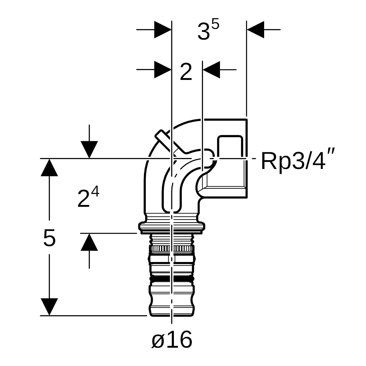 Geberit Mepla Übergangsbogen 90Gr mit IG d16-Rp3/4"