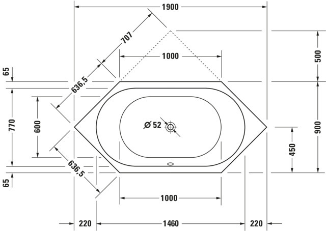 DU D-Code Badew. 6Eck 1900x900 Einbau Rückenschr.2 L/R, Weiß