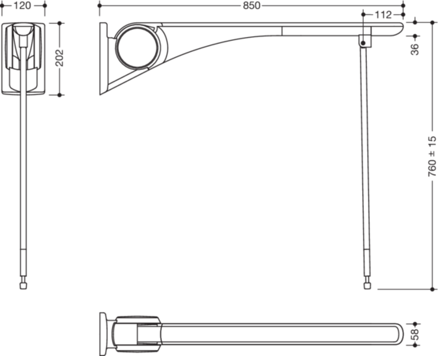 HEWI SK-Griff Basic,850, m.Bodenstütze Montagehöhe h=760mm weiß hgl.- weiß mt