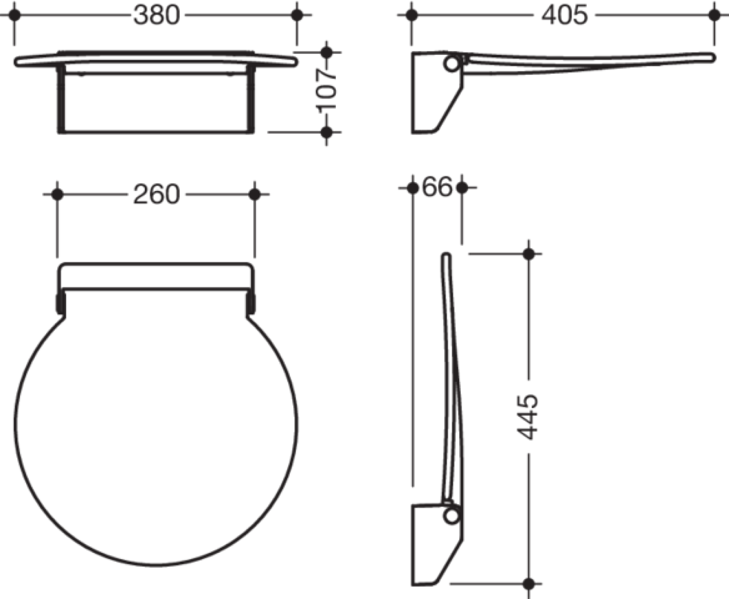 HEWI Klappsitz R 380, B:380,T:407, Konsole chrom, Sitzf. farbig anthrazitgr