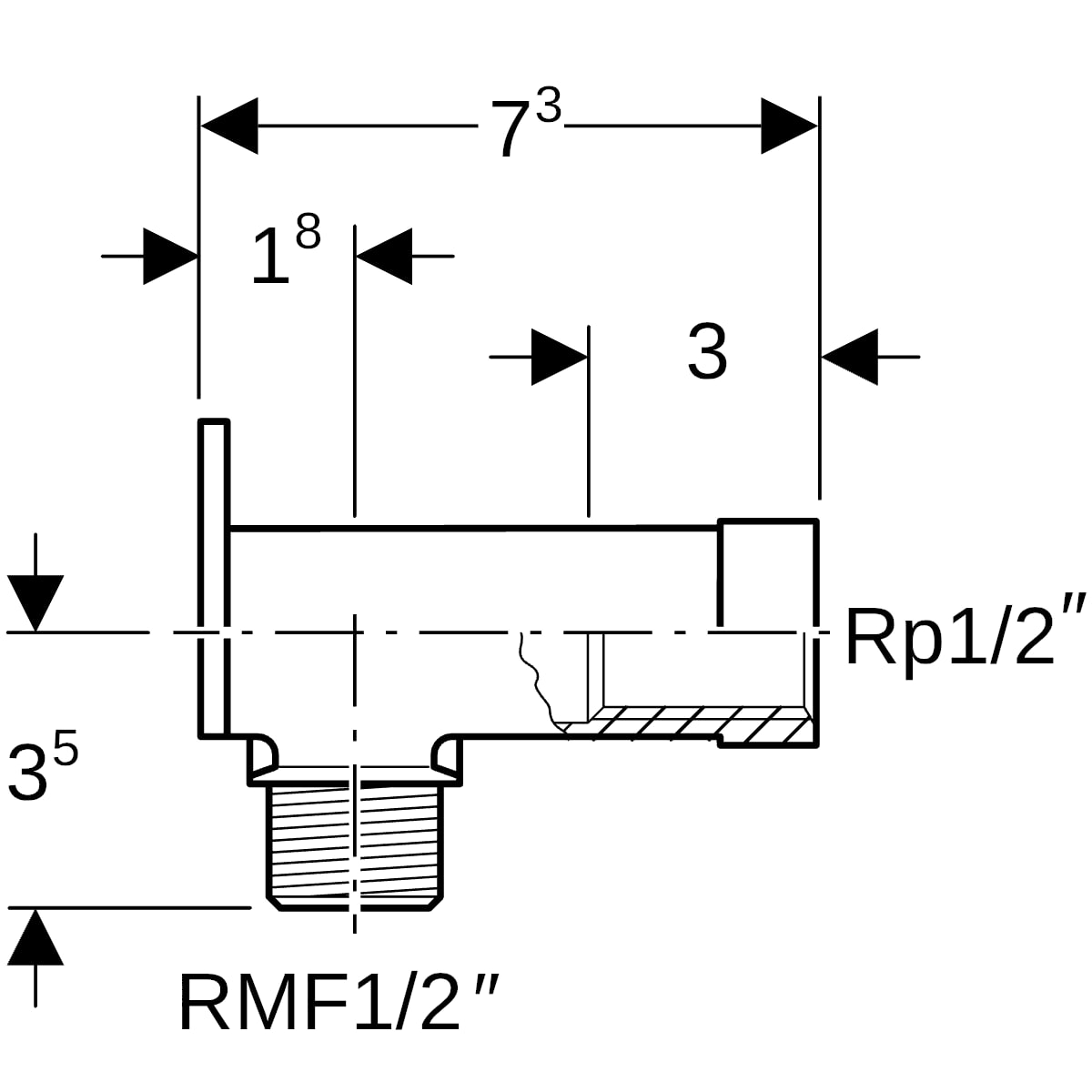 GE Set Anschlusswinkel 90Gr mit AG MF Rg R1/2-Rp1/2 L:73mm