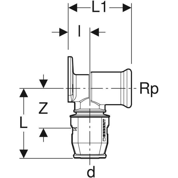 Geberit PushFit Anschlusswinkel 90Gr Ms d16-Rp1/2 L:52mm