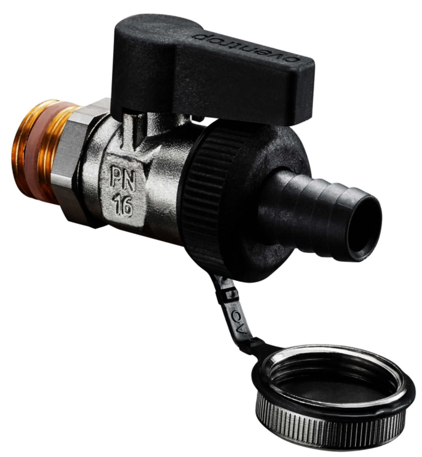 OVENTROP-Kugelhahn"Optiflex",DN10,3/8"AG mit Schlauchver.u.Verschlussk., Ms,vern.
