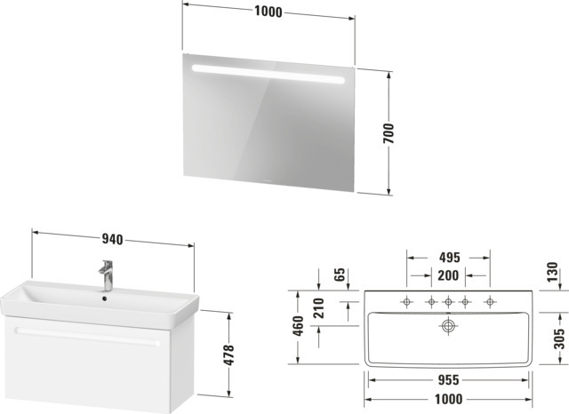 Duravit No.1 Möbel-Set 1000x450mm, WT,WTU m.Auszug 1, Spiegel,Weiß Matt