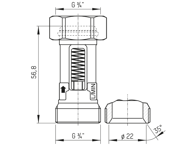 Taconova Durchflussmesser DN 15 3/4x3/4" 1-3,5l/min, Nr. 223.4214.000