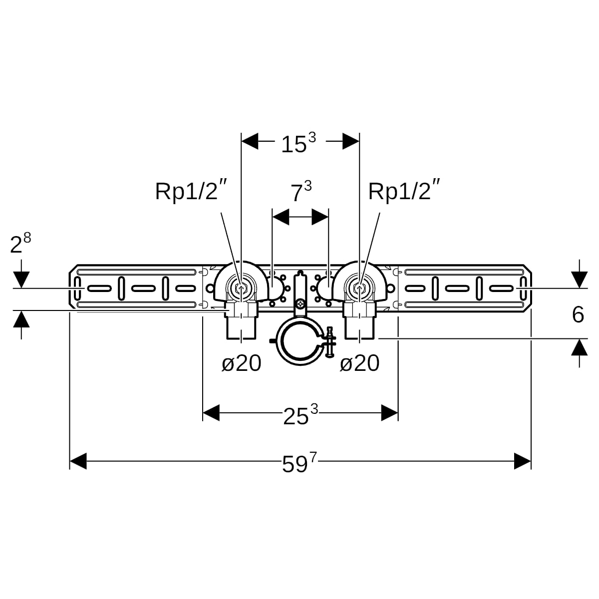 Geberit FlowFit Anschlusswinkel 90Gr vormontiert zweifach Rg+ d20-Rp1/2 AblRs