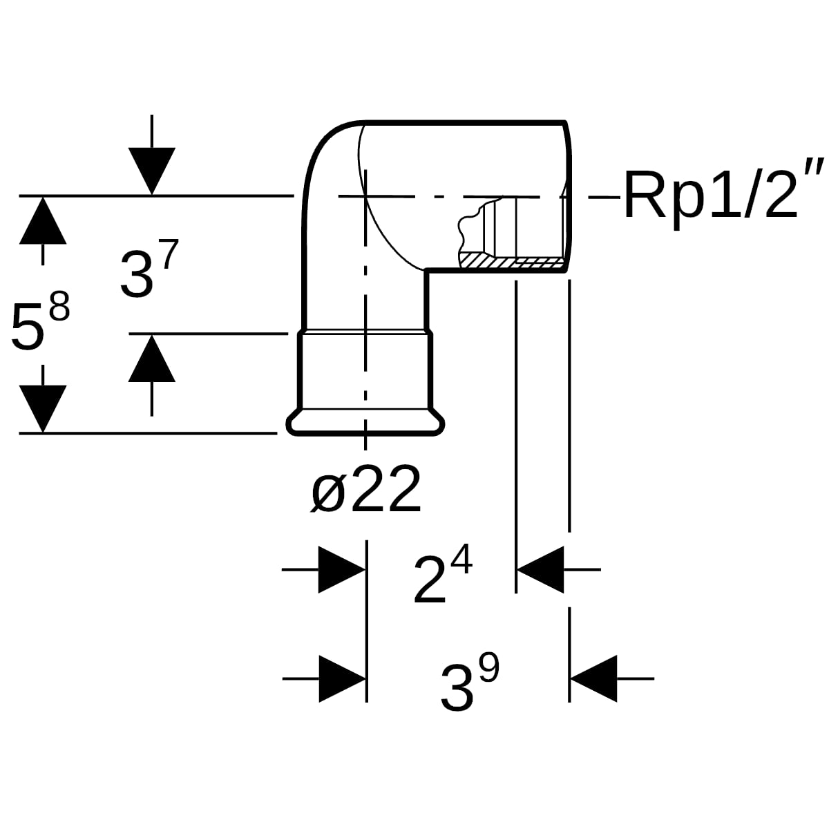 Geberit Mapress Edelstahl Übergangswinkel 90Gr mit IG d22-Rp1/2