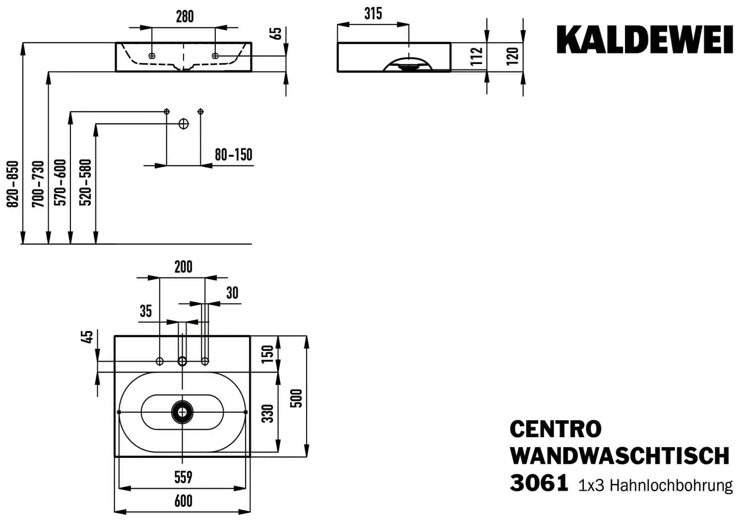 KA WB CENTRO WANDWASCHTISCH Mod.3061,600 x500mm,alpinweiß,Perl-Effekt,m. 3HL,oÜL