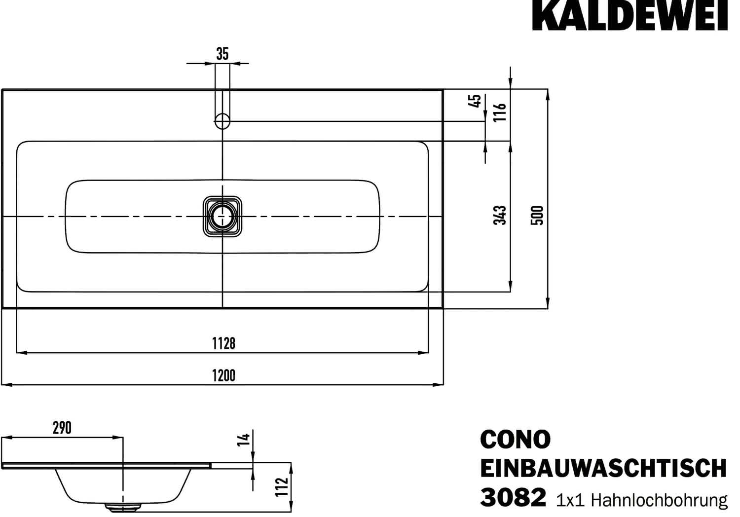 KA WB CONO EINBAUWASCHTISCH Mod.3082, 1200x500mm,alpinweiß,PEFF,AD,m. 1HL,oÜL