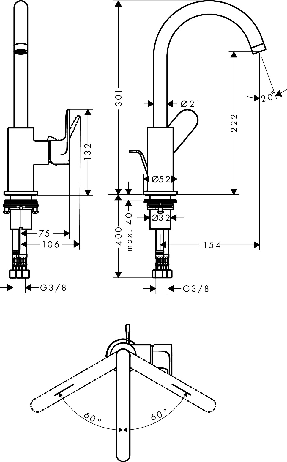 Hansgrohe Einhebel-Waschtischmischer Rebris S 210 Schwenkauslauf m.Zugstange chrom