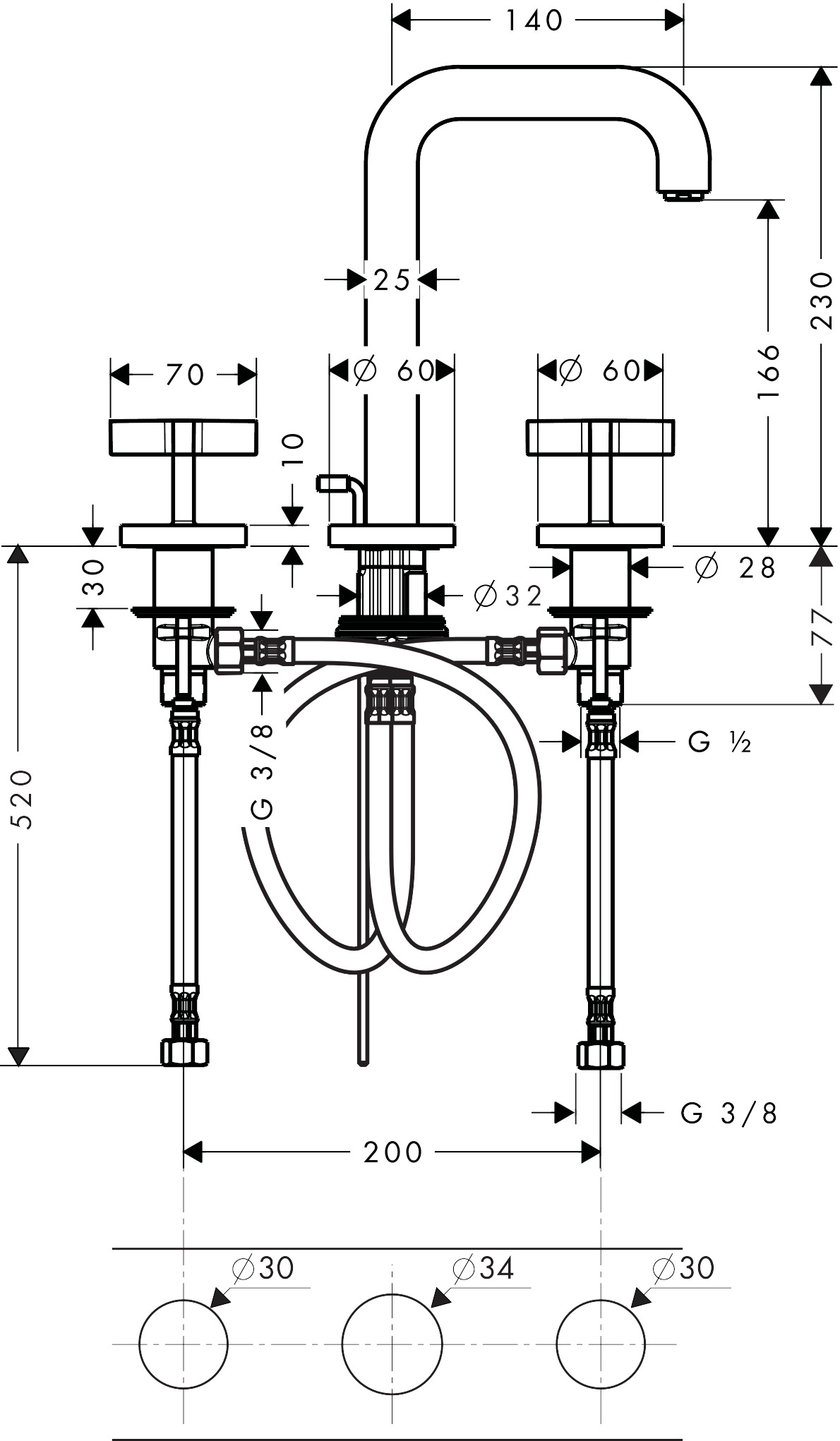 Hansgrohe 3-Loch Waschtischarmatur Axor Citterio mit Kreuzgriffen chrom