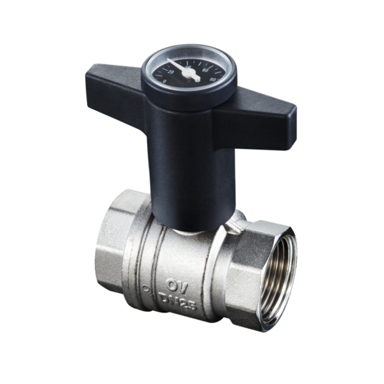 OVENTROP-Kugelhahn "Optibal" mit Thermometer, Knebelgriff, beids. IG 3/8"