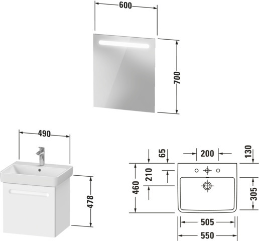 Duravit No.1 Möbel-Set 550x450mm, WT,WTU m.Auszug 1, Spiegel, Weiß Matt