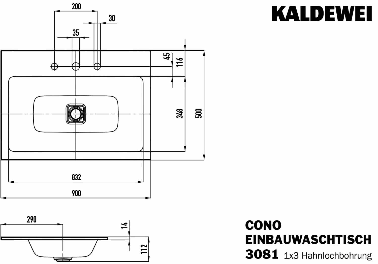 KA WB CONO EINBAUWASCHTISCH Mod.3081,900 x500mm,alpinweiß,PEFF,AD,m. 3HL,oÜL