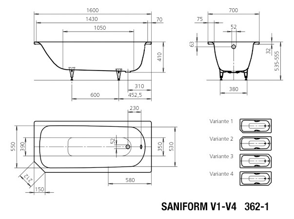 KA BW SANIFORM PLUS Mod.362-1,1600x700mm ,alpinweiß,Invisible Grip