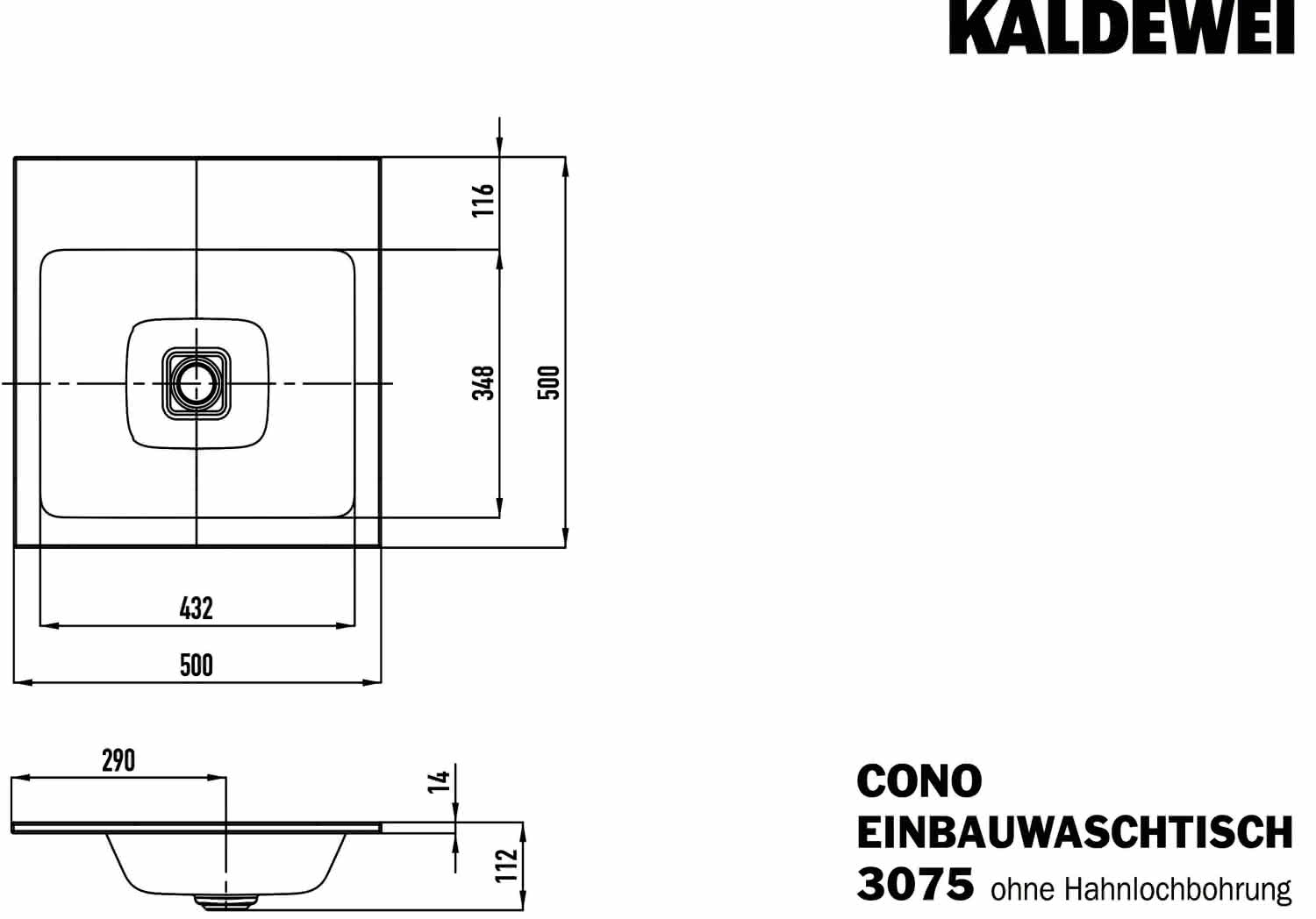KA WB CONO EINBAUWASCHTISCH Mod.3075,500 x500mm,alpinweiß matt,PEFF,AD,oÜL