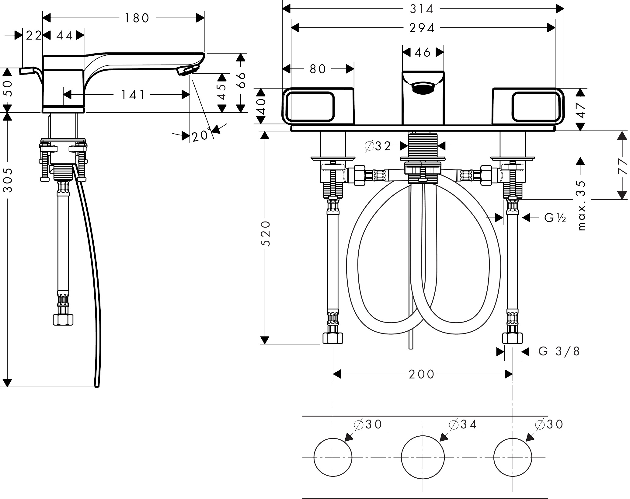 Hansgrohe 3-Loch Waschtischarmatur 50 Axor Urquiola Standmodell BBR mit Platte