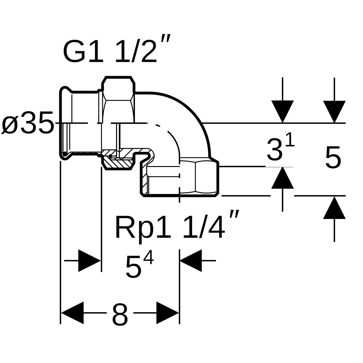 Geberit Mapress Kupfer Übergangswinkel Verschraubung 90Gr mit IG Rg d35-Rp1 1/4