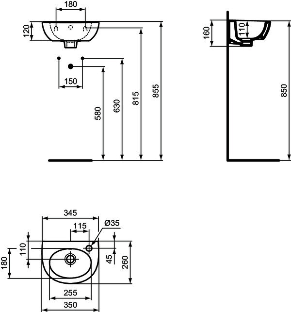 IS Handwaschbecken Eurovit, 1 Hl.rechts, m.Ül., 350x260x160mm, Weiß