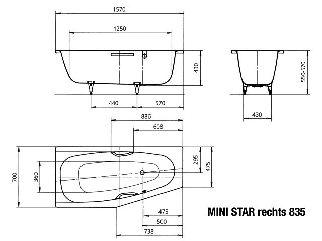 KA BW MINI STAR RECHTS Mod.835,1570x700 mm,alpinweiß,Perl-Effekt
