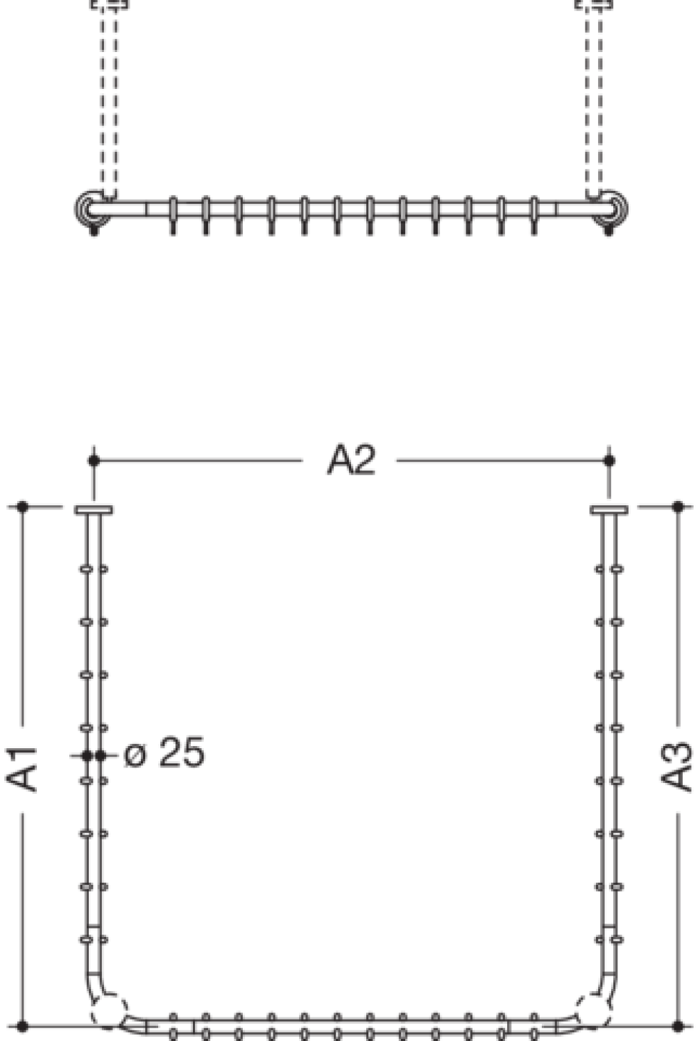 HEWI Vorhangstange, d:25, A1/A2/A3=var., schliff