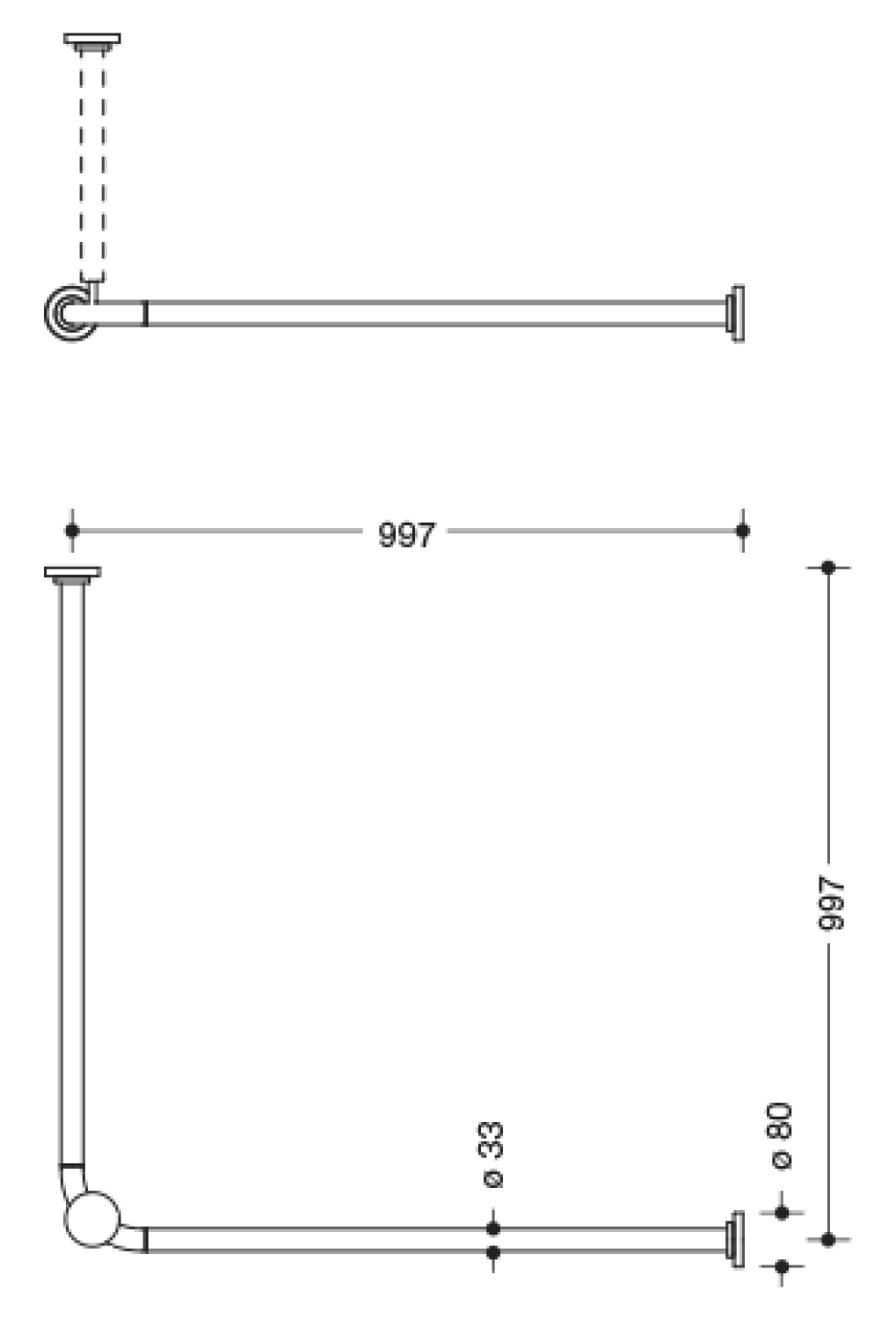 HEWI VH-Stange Ser 801, AM:983x983mm, 20 Ringe, suizidhemmend signalweiß