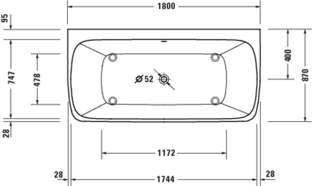 Duravit Qatego BW 1800x800mm Vorwand Mineralg.,Nahtl.VK, Rückensch.2 L/R,Weiß
