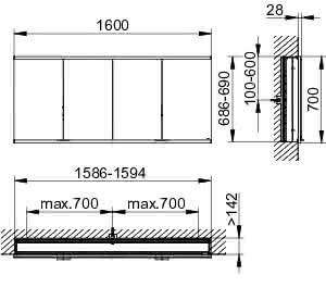 KEUCO Royal Modular 2.0 SPS, bel. 80041, Einb,2Steckd/USB,sb-elox,1600x700x160mm