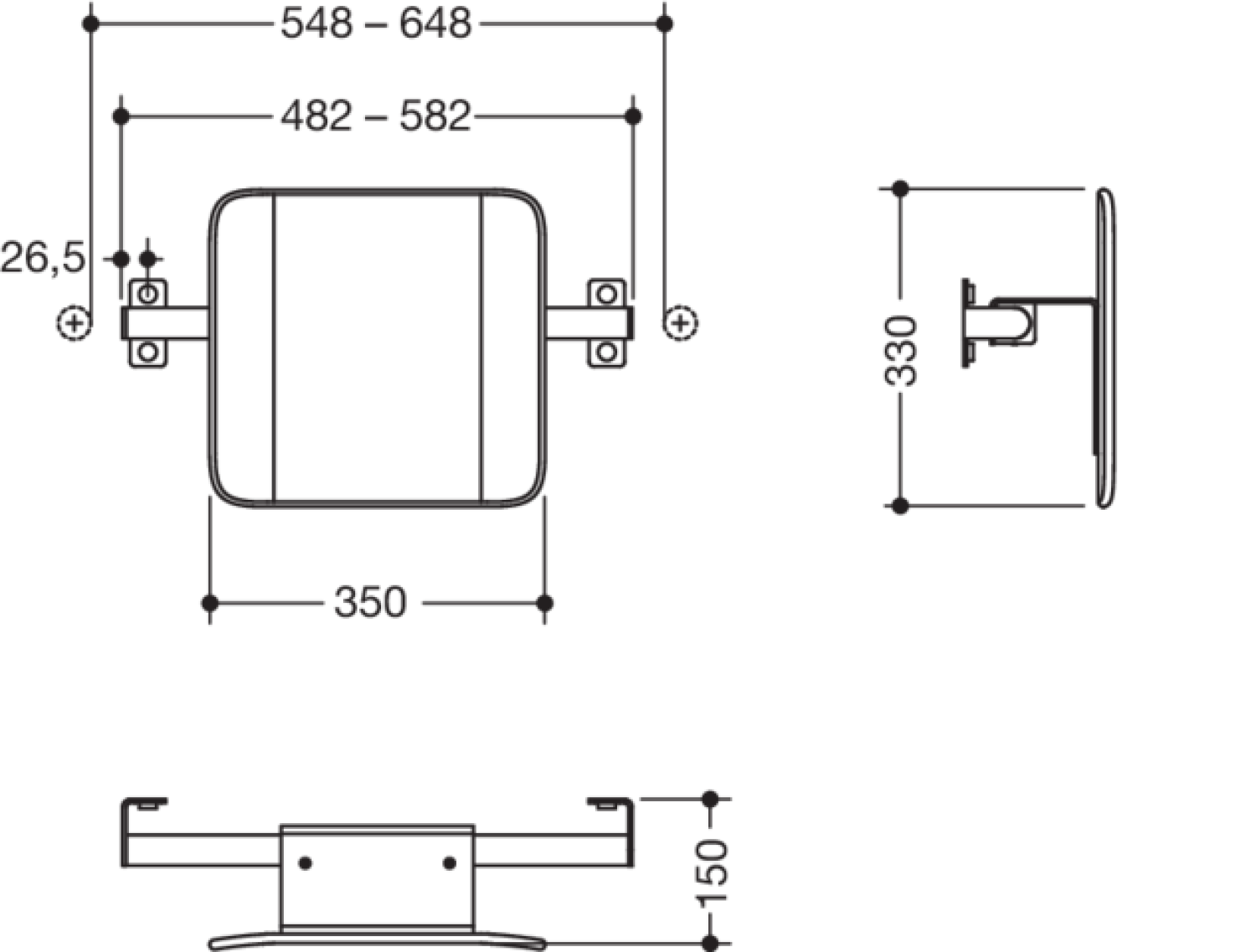 HEWI Rückenst. (BS), Sys 900, T:150, SK- Griff (B),schliff anthrazitgrau