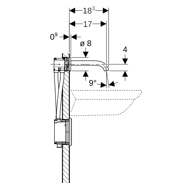 Geberit Piave WT-Arm., Wandmontage, Netzbetr. für UP-Funkt.Box, m.Misch.,L:17cm, chrg