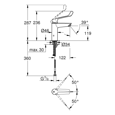 GROHE EH-WT-Batterie Eurosmart 23985_3 M-Size Verbrühschutz langer Hebel chrom