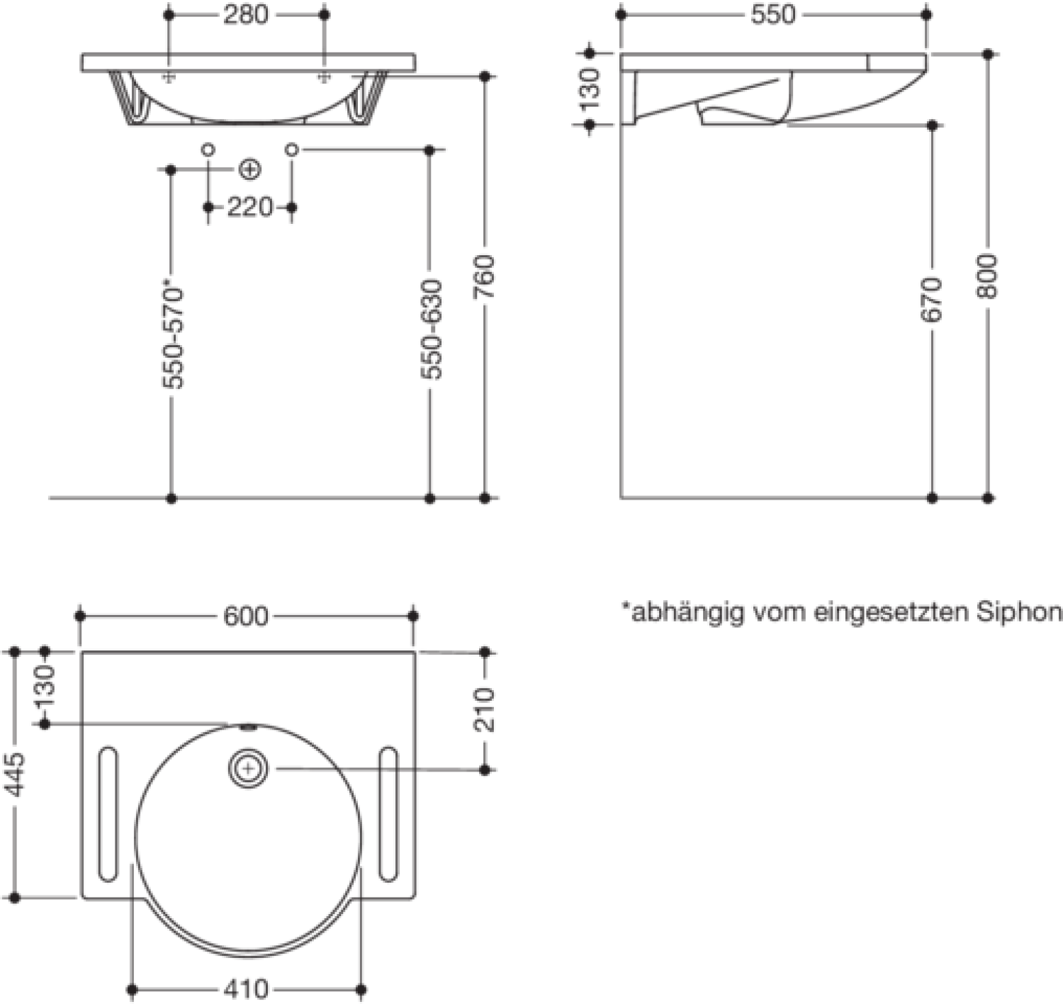 HEWI Waschtisch mit Griffmulden 600 x 550mm, mit Überlauf, o. Hahnloch